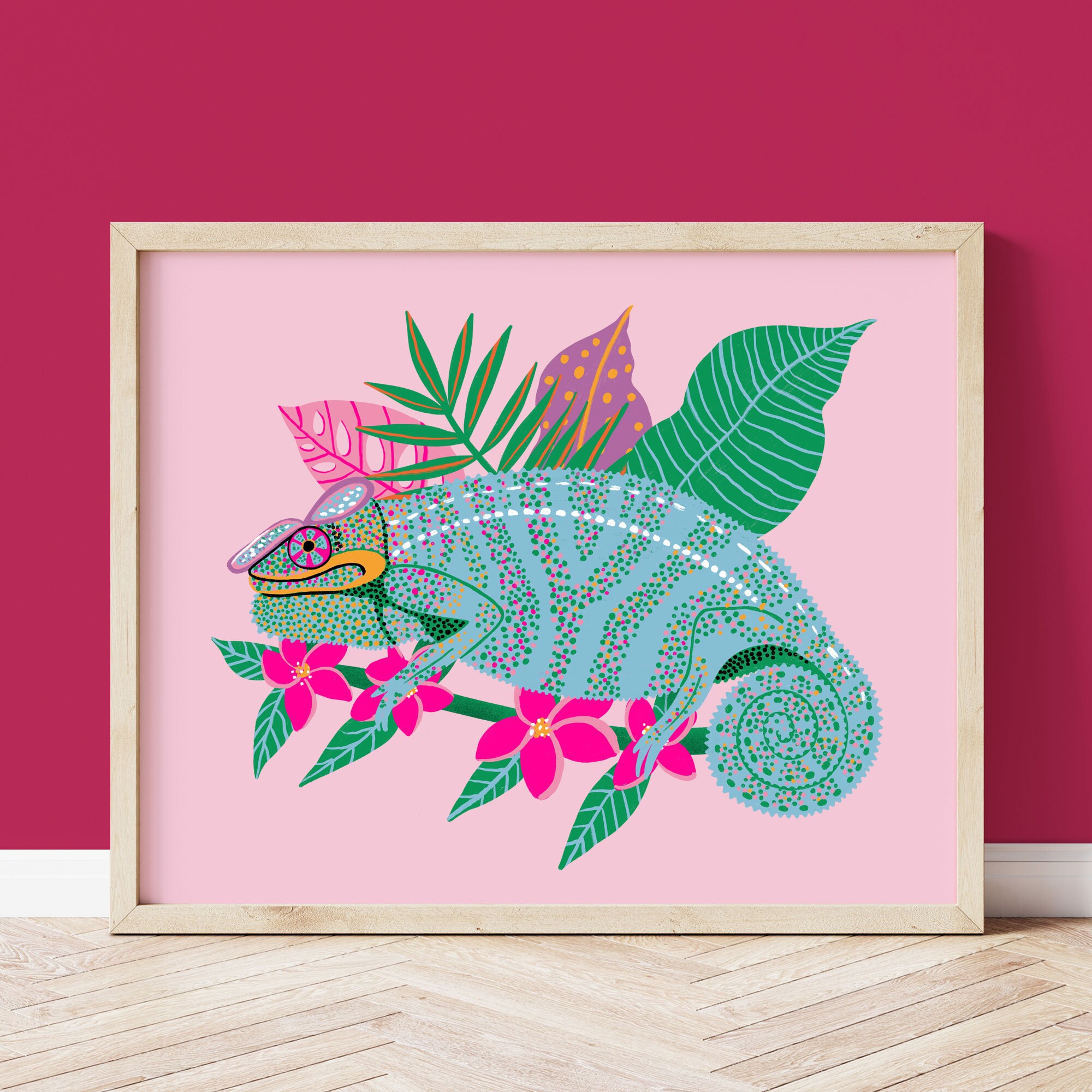 Chameleon tropical lizard art print unframed 4x6 A6 A5 5x7 A4 A3 boho style botanical wall art for home decor