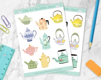 Teapot Stickers Sheet, Tea Stickers, Tea Time Stickers, Planner Stickers, Notebook Stickers, Decorative Stickers