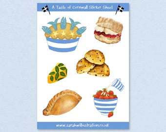 Cornwall Sticker Sheet, Collection of Cornish Pasty, Stargazy Pie, Jam First, Saffron Buns, Yarg Cheese, Strawberries in a Cornishware Bowl