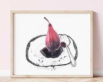 Pears in Red Wine Art Print, Watercolour and Ink Art Painting, Pears Wall Art, Original Watercolour Painting, Fruit Painting