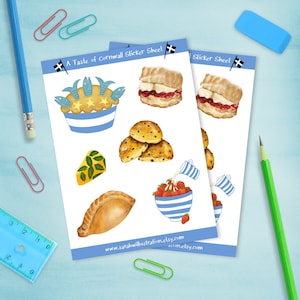 Folha de adesivos Cornwall Cornish Pasty Cornishware Stargazy Pie Jam Primeiros pãezinhos de açafrão Morangos com queijo Yarg Diário de lembranças Cornwall