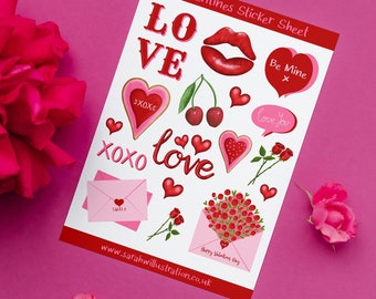 Valentine's Day Sticker Sheet, 17 Stickers, Love & Hearts, Planner Stickers, Scrapbooking, Gift for Her