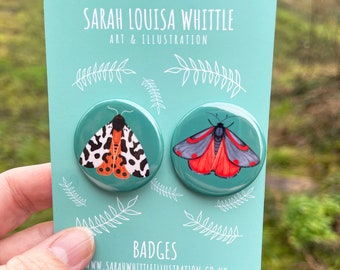 British Moths button badge set of two nature lovers gift ideas, perfect small pocket money gift