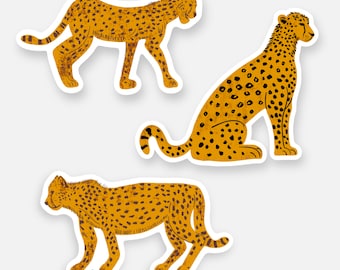 May include: Three cheetah illustrations with a brown and yellow spotted pattern. The cheetahs are in different poses, one is standing, one is sitting, and one is walking.