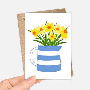 Daffodils in a Cornishware Jug Greeting Card designed and illustrated by Sarah Whittle Illustration.