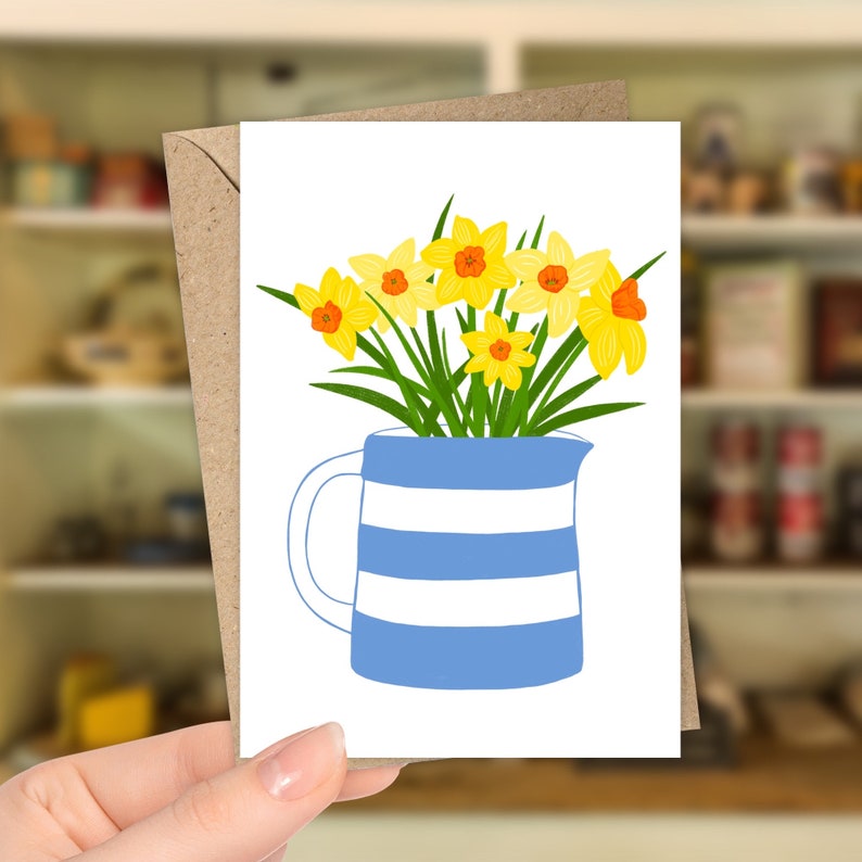 Daffodils in a Cornishware Jug Greeting Card designed and illustrated by Sarah Whittle Illustration.
