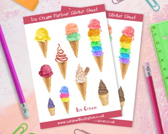Ice Cream Sticker Sheet, Ice Cream Stickers, Gelato Sticker Sheet, Stickers Sheet, Decorative Stickers, Illustrated Sticker Sheet