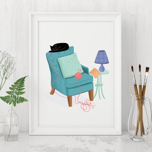 May include: A blue armchair with a black cat sleeping on the cushion. A pink ball of yarn is on the chair with a red string attached to it. A blue lamp with a white shade is on a small table next to the chair.