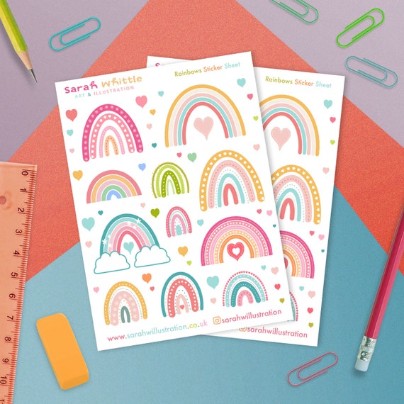 Rainbow stickers sheet in pastel colours, decorative kiss cut vinyl stickers for journals notebooks and planners