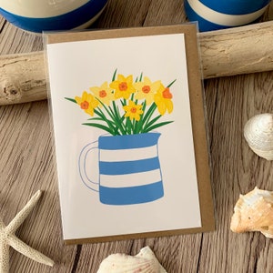 Daffodils in a Cornishware Jug greeting card with brown kraft envelope A6 available for wholesale.
