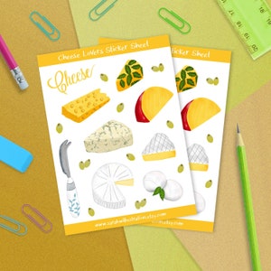 Feuille d'autocollants avec de nombreux fromages différents, parfaite pour les amateurs de fromage