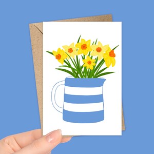 Daffodils in a Cornishware Jug Greeting Card designed and illustrated by Sarah Whittle Illustration.