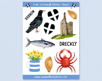 Cornwall Sticker Sheet, A Collection of Cornish things, Cornish Tin Mine, Cornish Flag, Cornishware, Cornish Pasty
