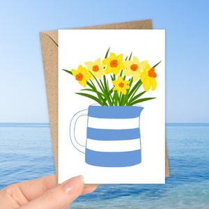 Daffodils in a Cornishware Jug Greeting Card designed and illustrated by Sarah Whittle Illustration.