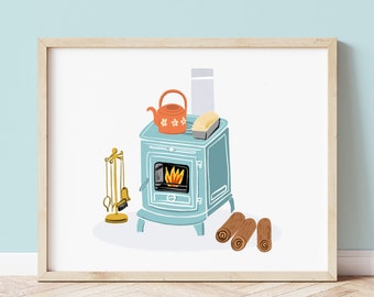 Cosy Vintage Fireplace Art Print - Cottagecore Print - Cosy Fireplace Print - Vintage Fireplace Illustration - Fall Wall Art