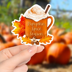 May include: A brown mug with white whipped cream and a cinnamon sprinkle on top. The mug has a brown handle and a cinnamon stick sticking out of the top. The mug says "Pumpkin Spice Season" in brown text. The mug is surrounded by fall leaves and acorns.