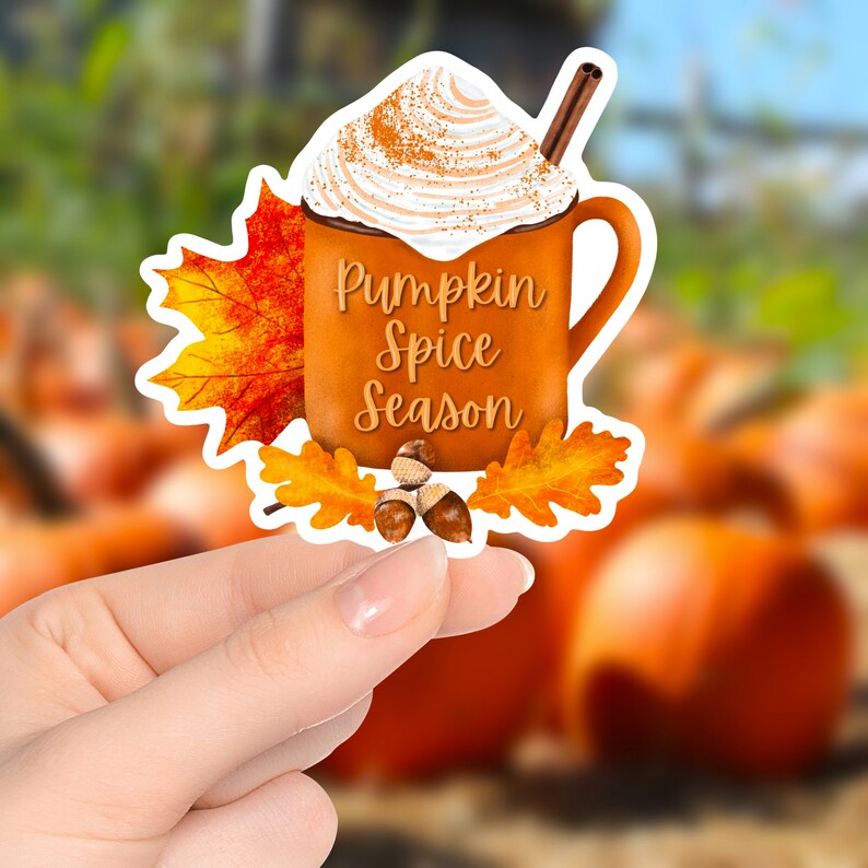 May include: A brown mug with white whipped cream and a cinnamon sprinkle on top. The mug has a brown handle and a cinnamon stick sticking out of the top. The mug says "Pumpkin Spice Season" in brown text. The mug is surrounded by fall leaves and acorns.