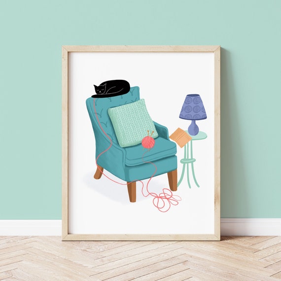Cat on Chair Art Print, Knitting Art Print, Cats and Knitting, Knitting Wall Art, Illustrated Art Print, knitting