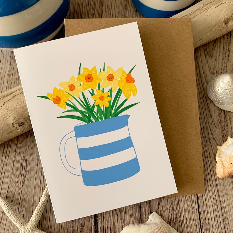 Daffodils in a Cornishware jug card by sarahwillustration