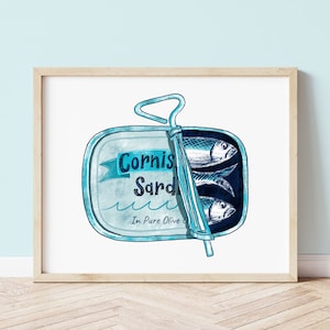 Stampa artistica di sardine della Cornovaglia in una scatola di latta / Stampa artistica della Cornovaglia / Regalo di sardine / Regali della Cornovaglia / Sardine in scatola / Arte in scatola di sardine