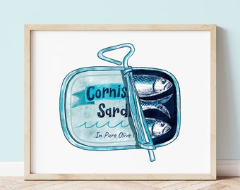 Cornish Sardines in a Tin Art Print | Cornwall Art Print | Gift Sardines | Cornish Gifts | Tinned Sardines | Sardine Tin Art