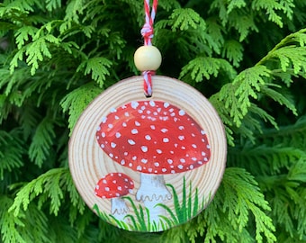 Hand Painted Fly Agaric Mushroom Wood Slice Ornament - Cottagecore