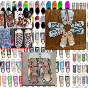 May include: A collection of colorful custom-designed sneakers with various patterns and designs. The sneakers are arranged in a grid pattern, with some of the sneakers grouped together in a circle.