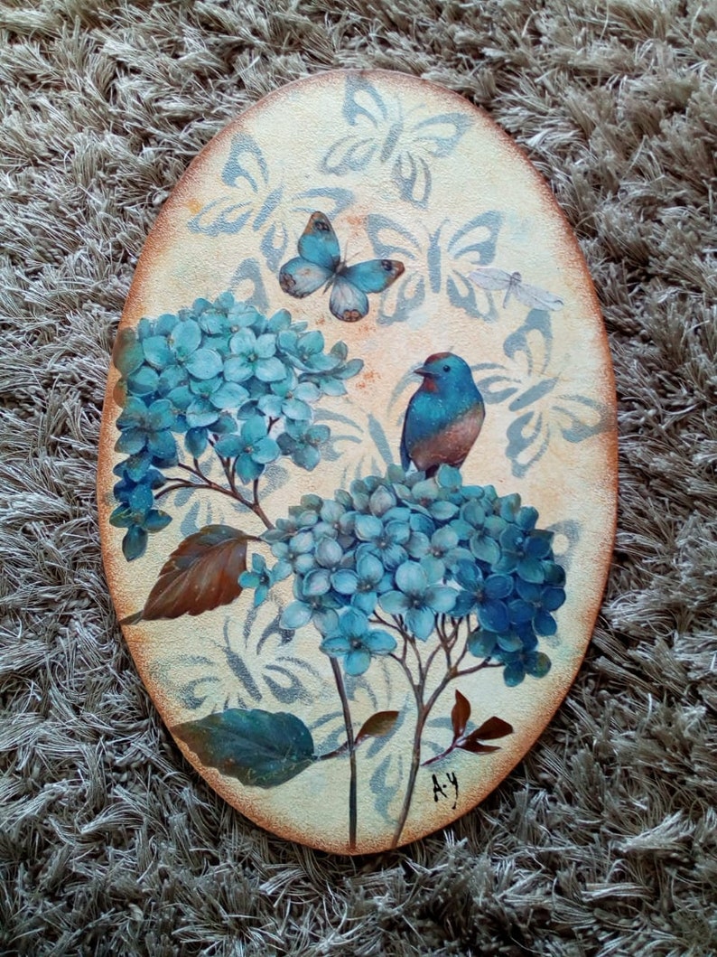 Round sliced wood wall decoration decoupage painting circles Etsy