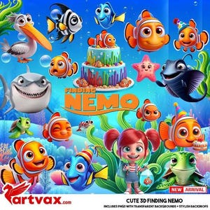 Op de afbeelding: Een digitale illustratie met Finding Nemo personages waaronder clownvissen, een doktersvis, een haai, een zeeschildpad, een pelikaan en een zeester rond een taart. Een cartoonmeisje met rode staartjes staat tussen het groene zeewier.