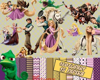 Paquete de imágenes prediseñadas de Rapunzel Enredada / 160 PNG + 15 papeles digitales / Descarga digital de la Princesa Rapunzel y Flynn Rider
