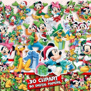 Puede incluir: Una colección de imágenes prediseñadas y papeles digitales de personajes de Disney con temática navideña. Mickey Mouse, Minnie Mouse, Donald Duck, Goofy y Pluto aparecen con atuendos festivos, rodeados de regalos, coronas y luces navideñas. El texto "30 Clipart 50 Digital Papers".