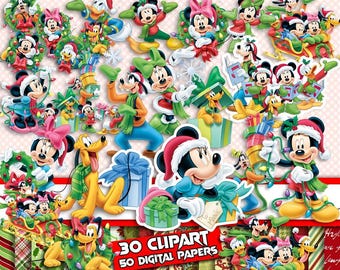 Paquete de imágenes prediseñadas navideñas de Mickey / Imágenes PNG de Disney / Papeles digitales navideños de Minnie, Goofy, Donald y Pluto, imágenes prediseñadas, fiestas infantiles, Minnie Navidad