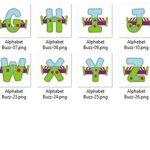 May include: A collection of alphabet letters, each designed with a green body, light blue accents, and a decorative purple and gold border. The letters are arranged in a grid, with each letter labeled with "Alphabet Buzz" and a number.