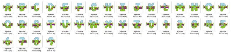 May include: A collection of alphabet letters, each designed with a green body, light blue accents, and a decorative purple and gold border. The letters are arranged in a grid, with each letter labeled with "Alphabet Buzz" and a number.