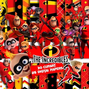 以下が含まれることがあります： 「インクレディブル・ファミリー」のキャラクターが、赤と黒のスーパーヒーローのコスチュームを着た鮮やかなコラージュ。映画のロゴとテキスト「30 Clip Art、25 Digital Papers」が含まれています。