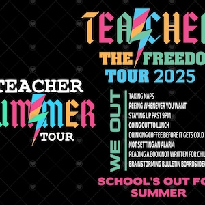 Gira de la Libertad para Maestros 2025 (svg), Último día de clases de verano (svg), Idea de regalo de verano para maestros (svg), Gira de verano para maestros (svg), Mejores amigos maestros