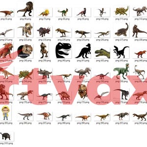 May include: A collection of various dinosaur illustrations and character images. The images include different species of dinosaurs in various poses, along with character portraits and the Jurassic Park logo. The images are in a grid layout.