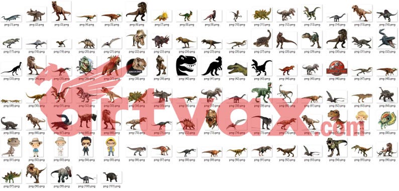 May include: A collection of various dinosaur illustrations and character images. The images include different species of dinosaurs in various poses, along with character portraits and the Jurassic Park logo. The images are in a grid layout.