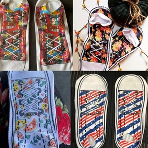 May include: Four pairs of colorful novelty socks with a sneaker design. The socks feature various patterns, including watermelon, autumn leaves, American flag, and a cartoon design.
