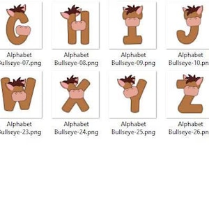 May include: A collection of alphabet letters and numbers, each designed with a brown and tan color scheme. The letters and numbers have a whimsical, cartoon-like appearance, with a horse-themed design. The letters are arranged in a grid.