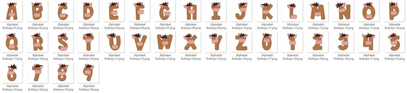 May include: A collection of alphabet letters and numbers, each designed with a brown and tan color scheme. The letters and numbers have a whimsical, cartoon-like appearance, with a horse-themed design. The letters are arranged in a grid.
