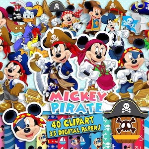 May include: A collection of Mickey Mouse and Minnie Mouse pirate-themed clipart and digital papers. The characters are dressed in pirate attire, with swords, eye patches, and pirate hats. The text "Mickey Pirate" and "40 Clipart 35 Digital Papers" are also visible.