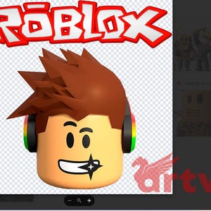 Op de afbeelding: Het Roblox-logo in rood en wit boven een 3D-geanimeerde avatarhoofd. De avatar heeft bruin haar, een gebruind gezicht en draagt een koptelefoon met regenboogaccenten. Een sterrenafbeelding staat op de wang van de avatar.