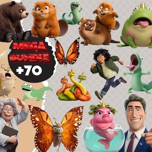May include: A collection of cartoon characters, including a bear, beaver, frog, and butterfly. The image also features a running boy, a woman, and a man. The text "MEGA BUNDLE +70" is displayed in the center of the image.