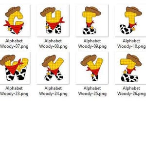 May include: A collection of alphabet letters, each designed as a cartoon cowboy character. The letters are yellow with brown cowboy hats, red bandanas, and black and white cow-print chaps. The word "Alphabet Woody" is written below each letter.
