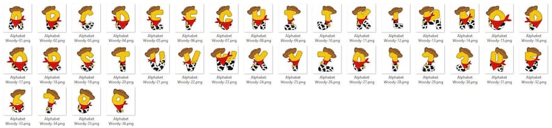 May include: A collection of alphabet letters, each designed as a cartoon cowboy character. The letters are yellow with brown cowboy hats, red bandanas, and black and white cow-print chaps. The word "Alphabet Woody" is written below each letter.