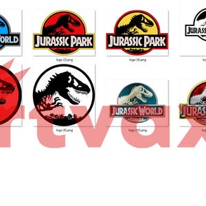 May include: Collection of various "Jurassic Park" and "Jurassic World" logos. Designs include a T-Rex silhouette, a dinosaur skeleton, and the iconic logo with a dinosaur skeleton inside a globe. Logos are in various colors.