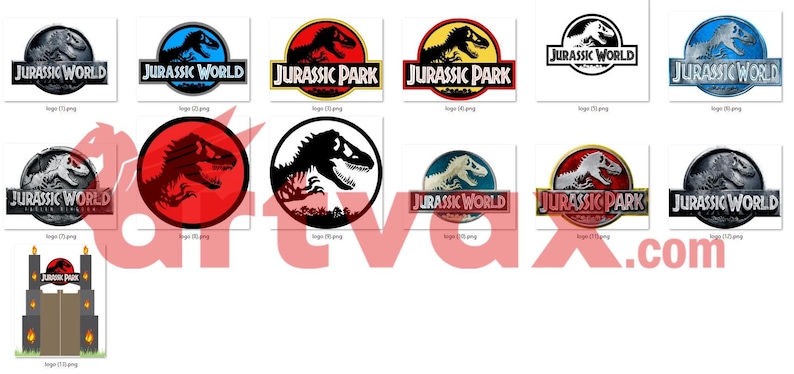 May include: Collection of various "Jurassic Park" and "Jurassic World" logos. Designs include a T-Rex silhouette, a dinosaur skeleton, and the iconic logo with a dinosaur skeleton inside a globe. Logos are in various colors.