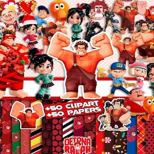 May include: A collection of colorful Wreck-It Ralph character figurines and patterned papers. The image features Ralph with his arms flexed, along with other characters. The bottom of the image shows various patterned papers with the text "+50 Clipart +50 Papers".