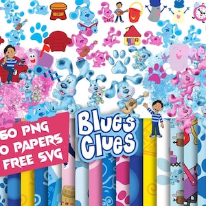 May include: A collection of Blue's Clues themed digital papers and PNG graphics. The image features Blue, Magenta, and other characters, along with paw prints, musical instruments, and the text "+60 PNG +20 PAPERS + FREE SVG".
